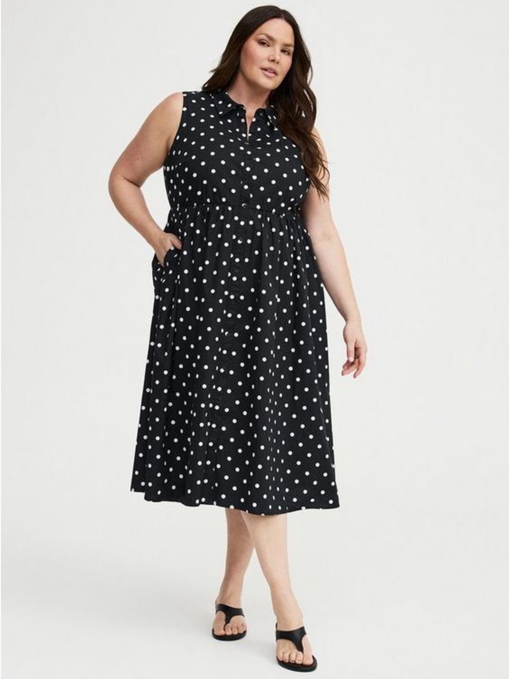Sleeveless collared shirt Black Polka Dot Midi Dress